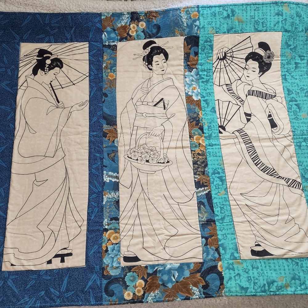 Vintage Handmade Asian 3-Panel Quilt Wall Hanging Tapestry